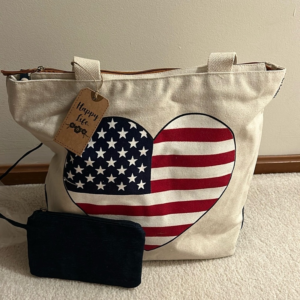 NWT, Happy Life Canvas flag heart tote bag Lg 18”X 15”
